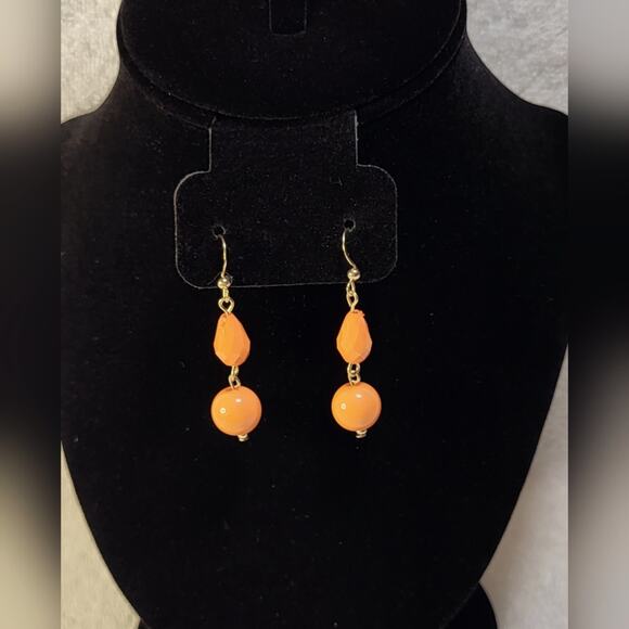 Gold Tone Orange Dangle Earrings - Lightweight Beaded - Picture 7 of 8